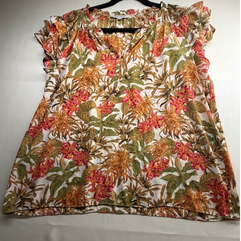 Rose + Olive Floral Flutter Sleeve Blouse Tropical Print Top Large
